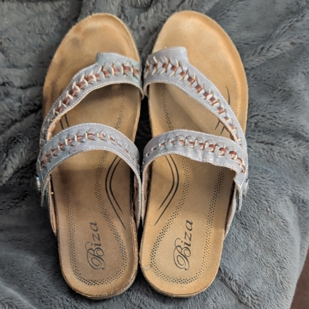 Biza Lexi thong sandals grey whiskey leather woven strap Boho Earthy Natural - Picture 2 of 13